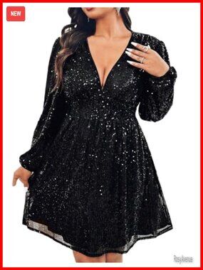 Plus Size Sequin V Neck Long Sleeve Skater Cocktail Dress with Pockets